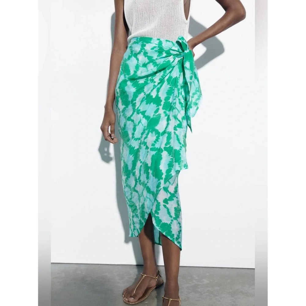 Zara Sheer Wrap Midi Skirt Womens XS Green Tie Dye Sarong Beach Cover Up Resort